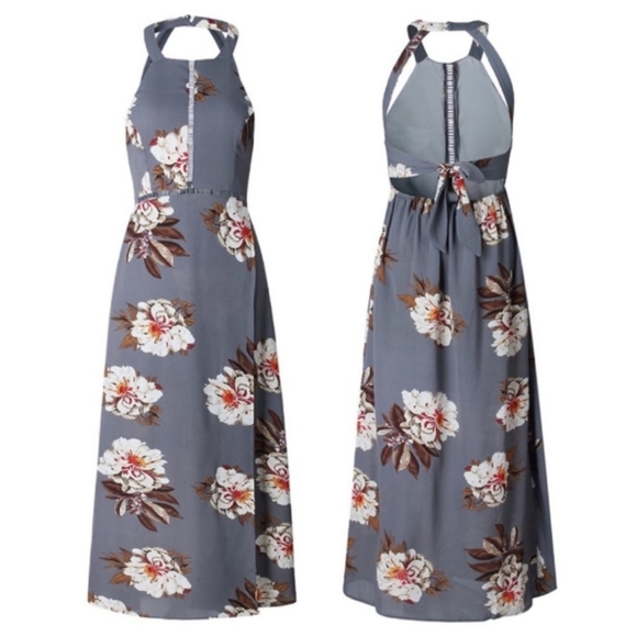 Open Back Halter Maxi Gray Tropical Floral Small - Picture 16 of 16